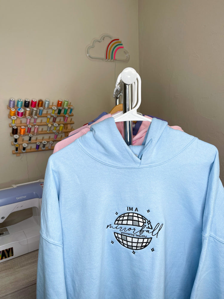 
                
                    Load image into Gallery viewer, Mirrorball Hoodie- Baby Blue
                
            