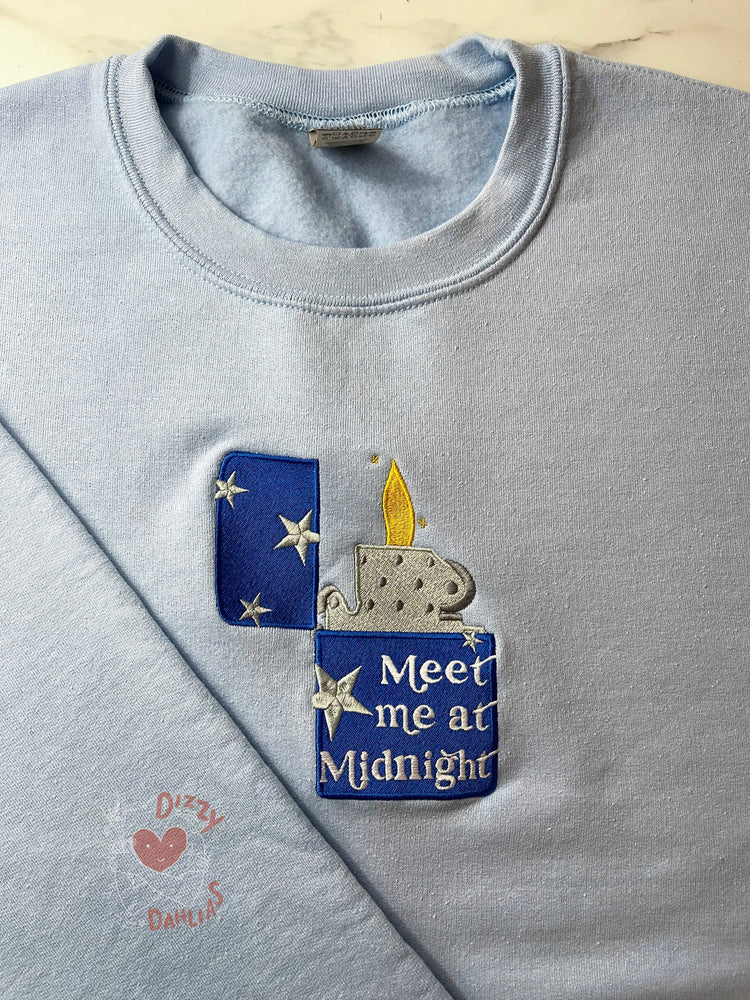 
                
                    Load image into Gallery viewer, Meet Me at Midnight Crewneck- Baby Blue
                
            