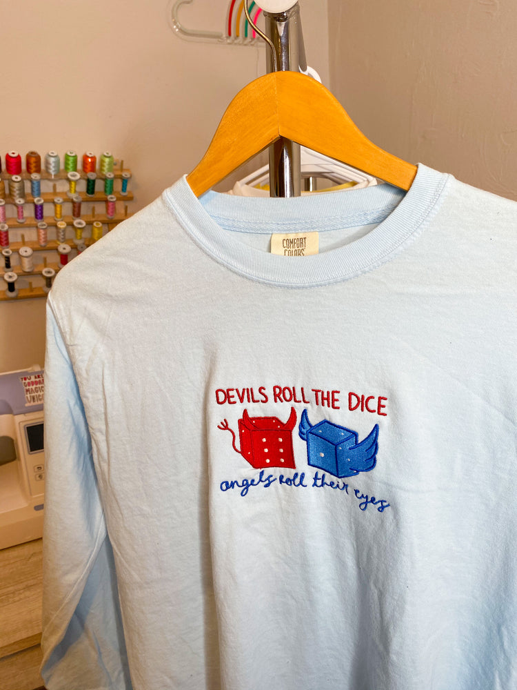 
                
                    Load image into Gallery viewer, Devils Roll the Dice- Long Sleeve, Baby Blue Tee
                
            